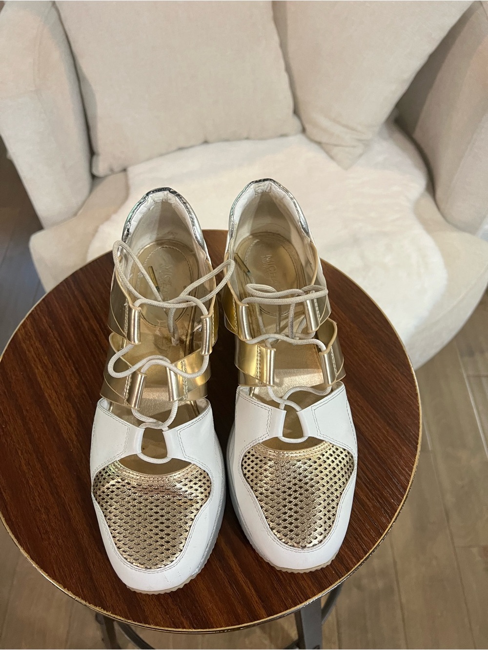 Michael Kors White Gold Metallic Lace-Up Wedge Sneakers Women’s